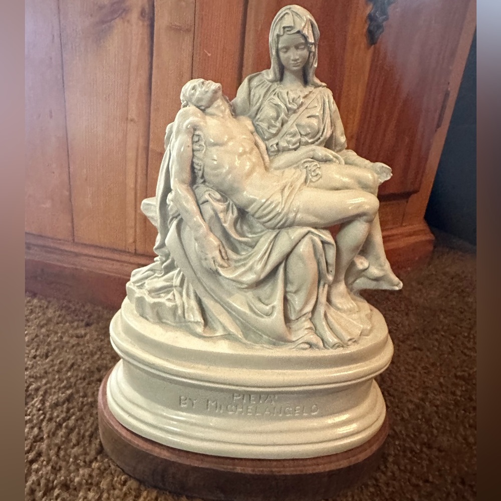Pieta Michelangelo 12” figure by Austin Prod., 1963 stone/resin on hardwood base